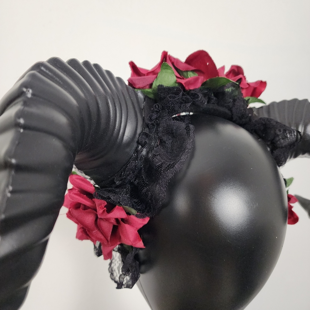 Krampus Devil Demon Horn Headband Red Rose Flowers Costume Head Piece Head Dress - Picture 9 of 9